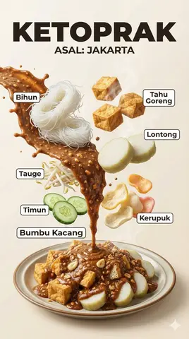A hyper-realistic Indonesian food infographic poster with dramatic floating