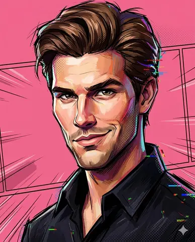 A painterly exaggerated cartoon portrait combining sculpted 3D anatomy