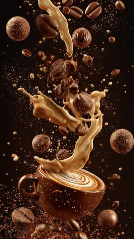 Ultra-cinematic vertical composition of coffee elements suspended in mid-air