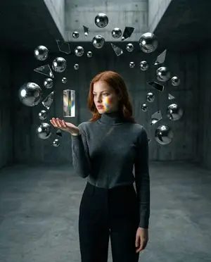 Surreal Brutalist Portrait with Kinetic Chrome Orbits Prompt in JSON