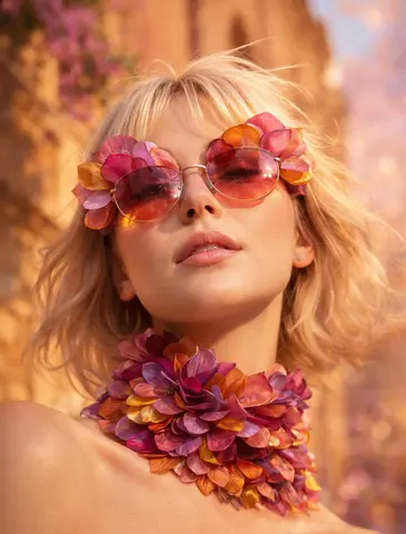 Low-angle close-up portrait of a platinum blonde woman wearing