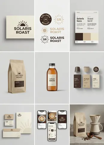 [brand name], complete brand identity grid, 3x3 layout, nine