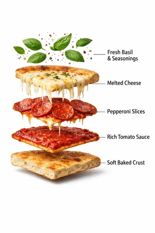 Ultra-realistic prepared pepperoni pizza slice, fully assembled, gooey melted