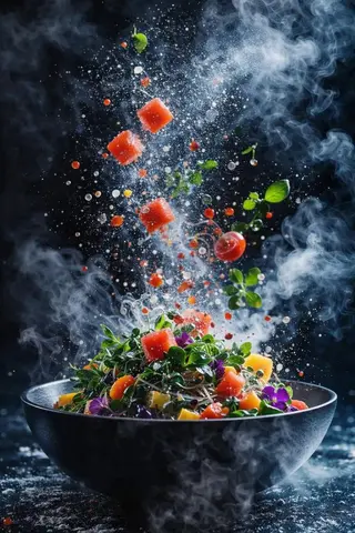 Hyper Realistic Ai Edited Food Photography Frozen Action with Suspended Ingredients
