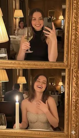 Ultra-Photorealistic Mirror Selfie POV in a Vintage Bistro