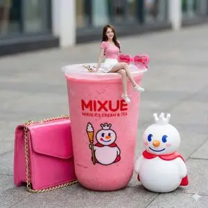 Miniature Girl Sitting on Coffee Cups