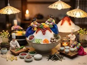 Micro Diorama of Joseon Dynasty Chefs Making Bibimbap