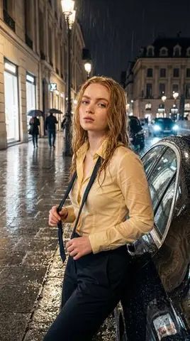 Rain-Soaked Night Portrait in European Boulevard