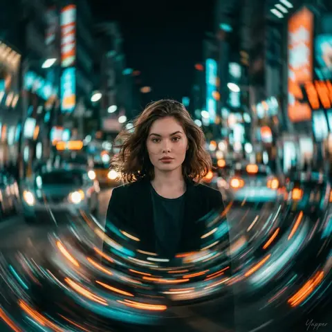 cinematic portrait of a young woman standing perfectly still
