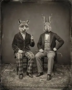 Vintage Sepia-Toned Portrait with Animal Heads
