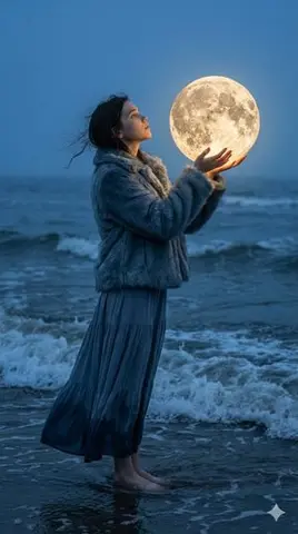 Magical Realism Portrait: Woman Holding a Glowing Moon Orb at Twilight