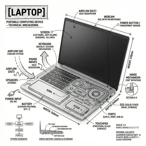 infographic image of laptop ,combining a realistic photograph or