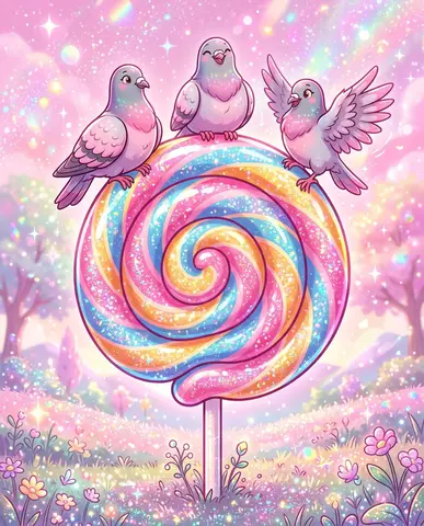 Whimsical Lollipop and Pigeons Illustration