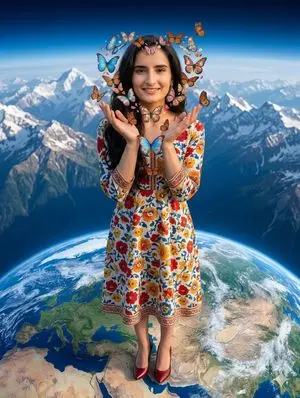 Surreal Woman with Butterflies and Globe