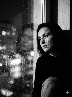 Black and White Rainy Window Portrait Prompt