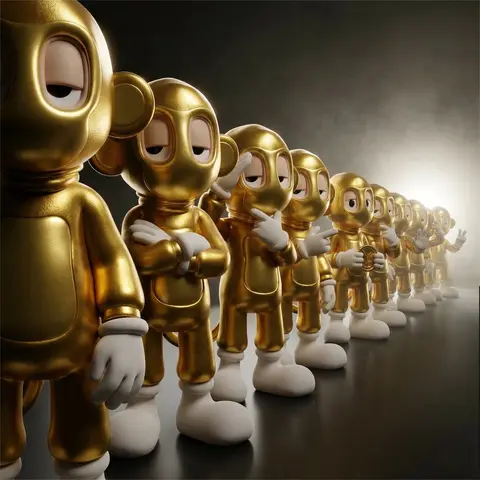 A detailed, collectible-style 3D render of a linear procession