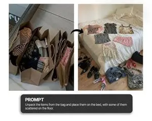 Unpack items from bag onto bed haul shot