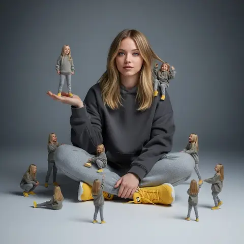 A creative surreal image of a woman sitting on