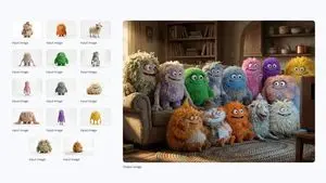 Cozy TV-watching group of fluffy characters