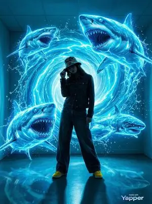 Urban Fantasy Summoning Scene with Liquid Sharks