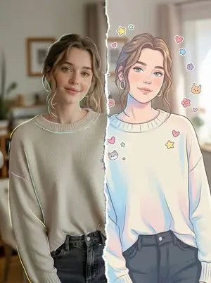 Split-Style Portrait: Photo vs. Digital Illustration