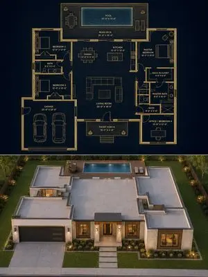 Split Blueprint and Modern House Render