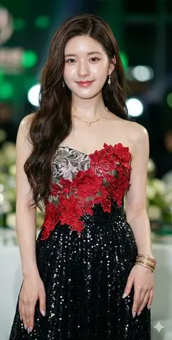 Macro portrait of Zhao Lusi in a high-glamour black and red sequined gown