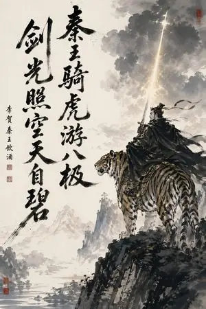 Ink-Wash Warrior Riding a Tiger