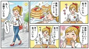 Four-panel manga about a hungry woman and pancakes