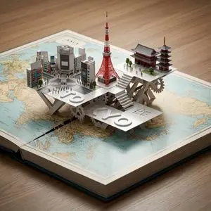 Product photography prompt for a Tokyo pop-up atlas scene