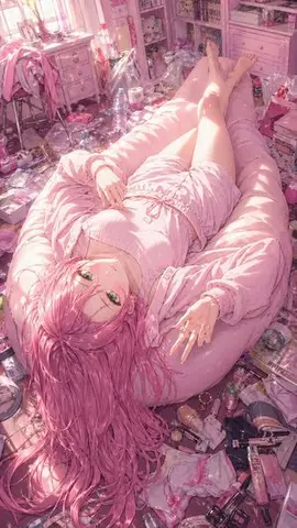 Pink Anime Girl in a Messy Bedroom