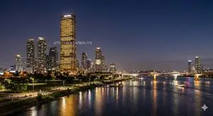 Night view of skyscraper via coordinates