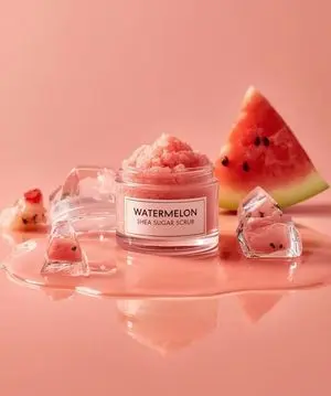 Hyper-photorealistic cosmetic skincare jar product shot with watermelon and ice cubes