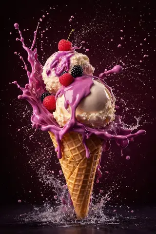 Waffle Cone Ice Cream Ai Edited Hyperreal Food Photography Frozen Splash Moment