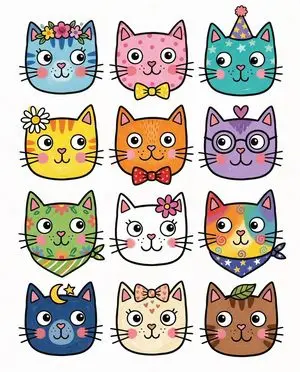 Stylized Grid of Whimsical Cat Faces