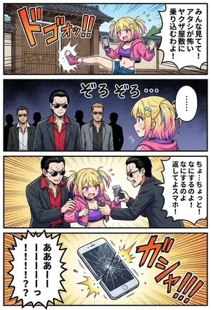 4‑panel manga of a girl streaming from a yakuza mansion