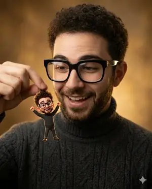 Photorealistic Subject Holding Miniature Cartoon Self