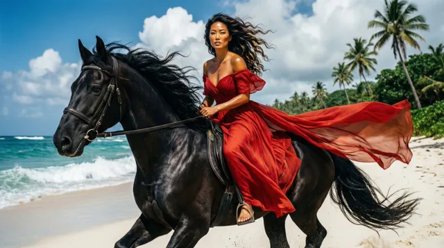 Woman Riding Black Horse on Beach
