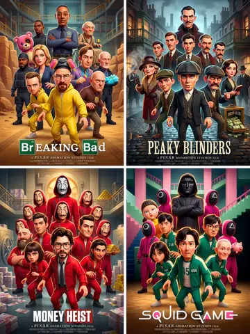 Pixar 3D CGI animated movie poster style, ensemble cast