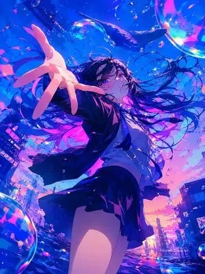 Surreal Anime Schoolgirl in Bubble Sky