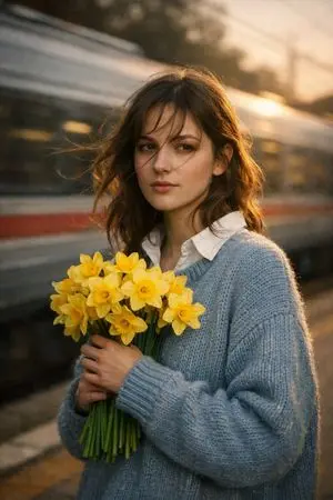 Cinematic Portrait at Railway Platform with Daffodils
