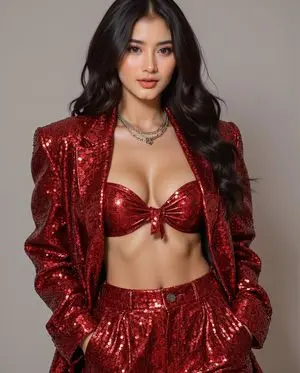 Fashion Photo in Metallic Red Sequin Suit