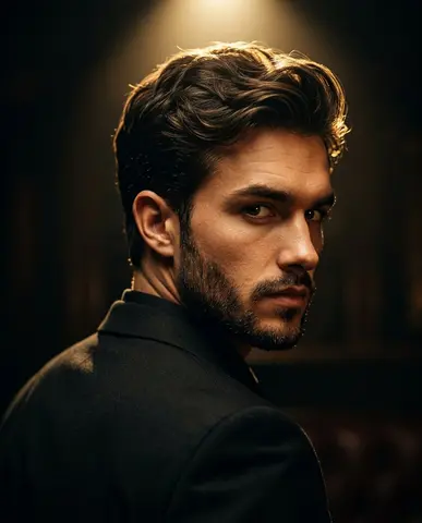 Ultra-realistic cinematic portrait of a stylish man in a