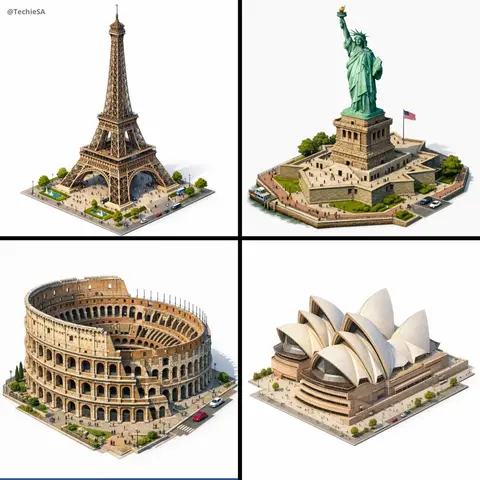 highly detailed isometric 3D rendering of [LANDMARK] in architectural