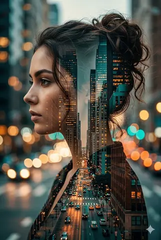 A cinematic double exposure portrait of a young woman