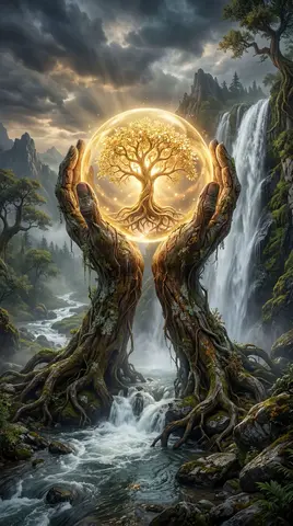 A majestic, ancient gnarled tree with thick, twisting roots