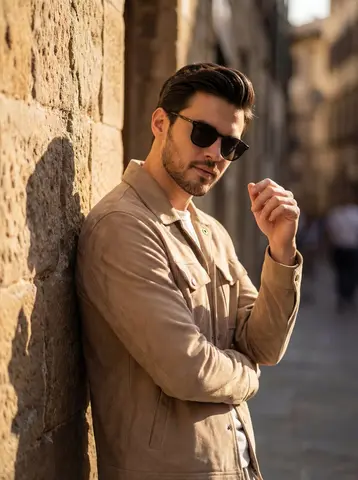 A cinematic golden hour portrait of a stylish man