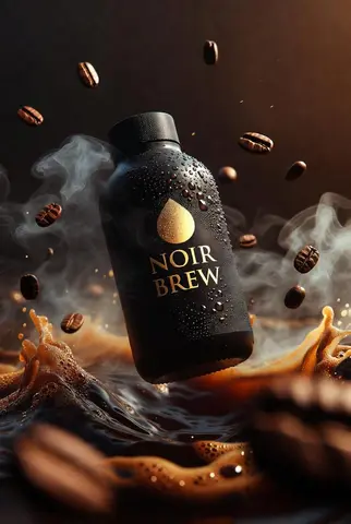 Ultra-cinematic premium coffee bottle labeled “NOIR BREW”, matte black