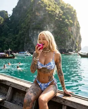 Tropical Lagoon Lifestyle Photo with Tattoos and Dragon Fruit