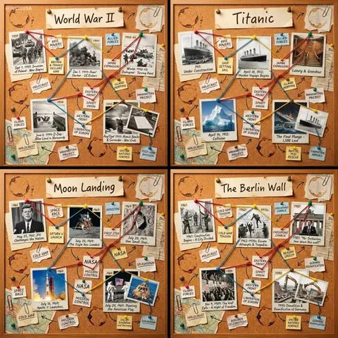 1080x1080 cork-board layout telling the story of [HISTORICAL MOMENT]